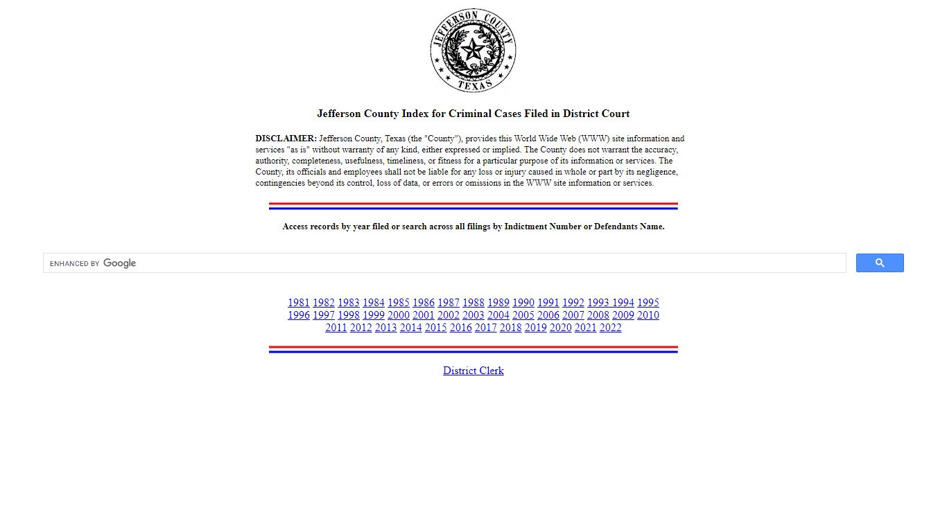 Jefferson County, TX - District Clerk's Criminal Index